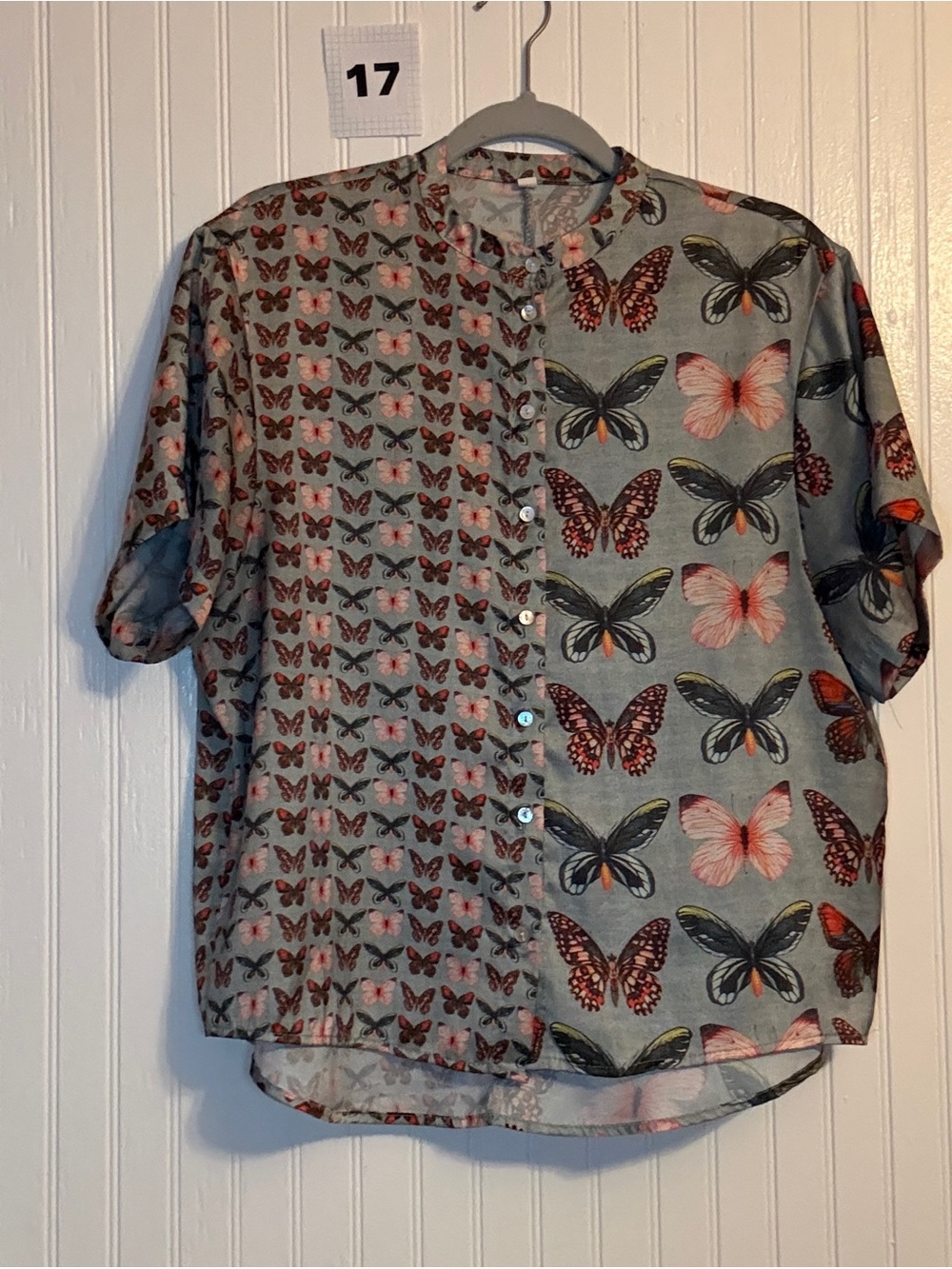 SHEIN Gray Butterfly Print Button-Up Blouse